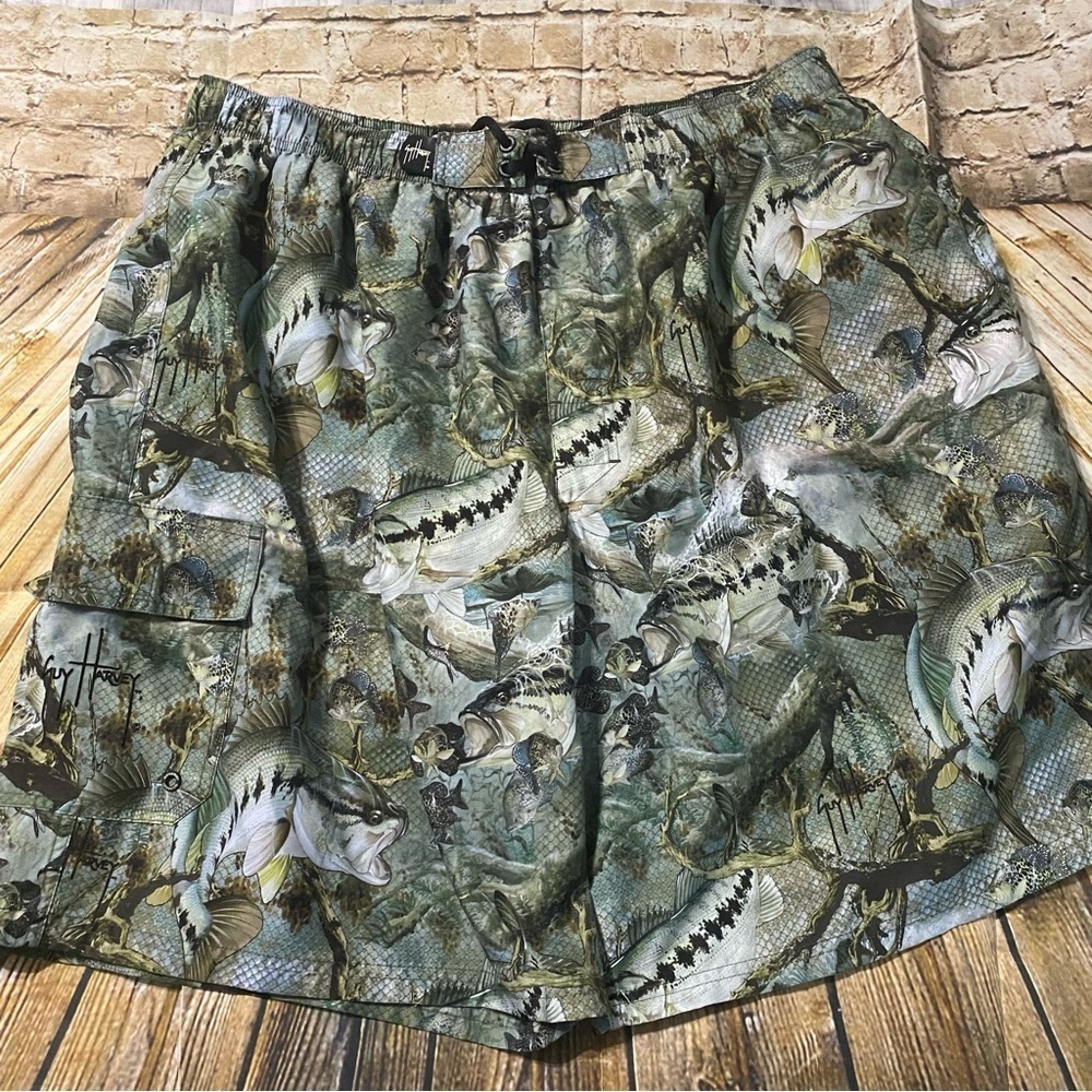 Guy Harvey Green Fish Print Mesh Brief Lined Swim Trunks Shorts